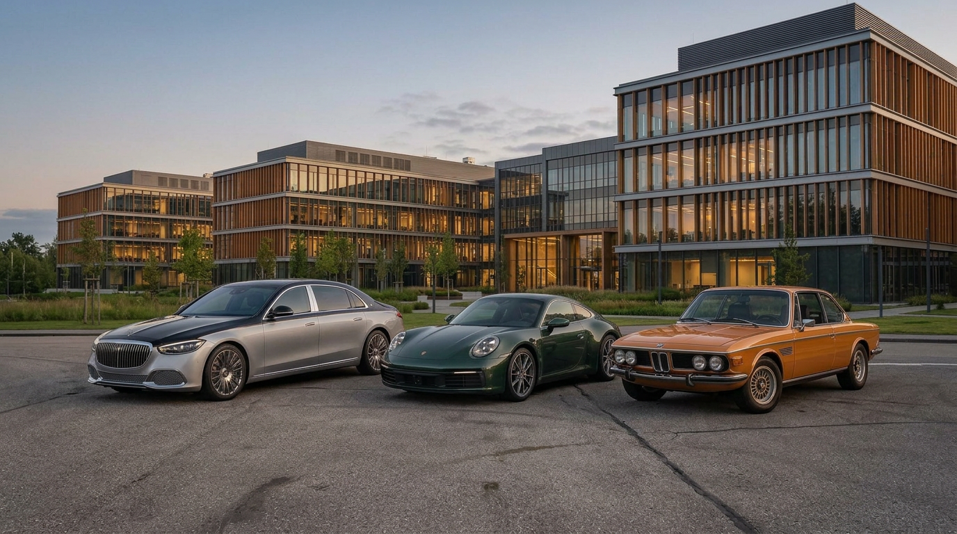 Trys prabangūs automobiliai prie modernaus stiklinio pastato vakariniame šviesoje