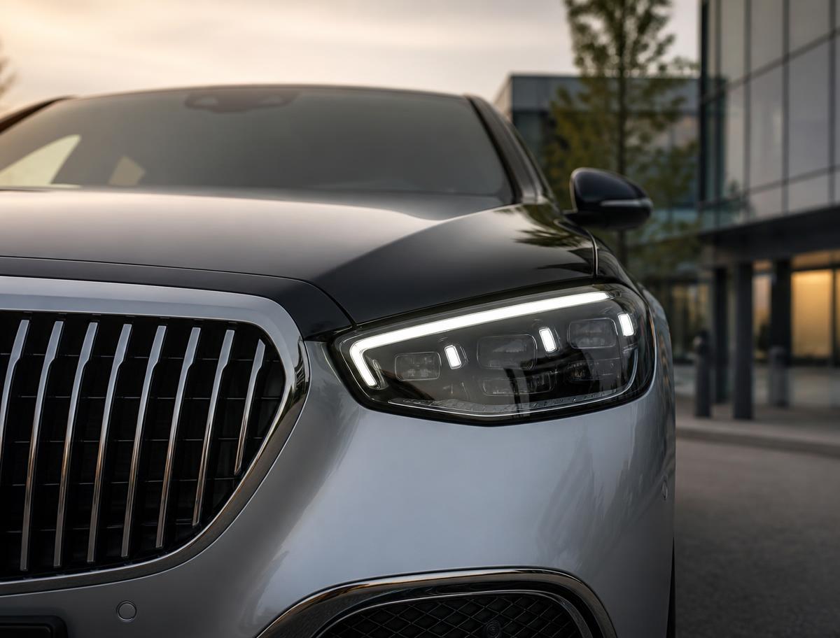 Dviejų spalvų Mercedes-Maybach priekinės dalies detalė